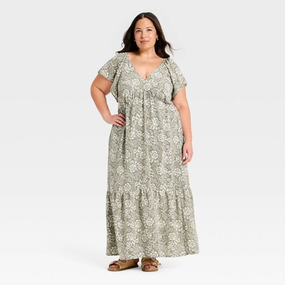 Universal Thread Green Floral Flutter Sleeve Maxi Dress - Womens XL - NEW